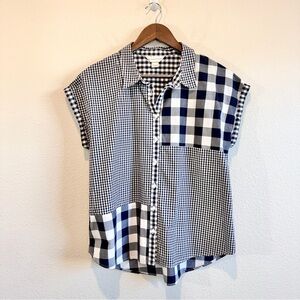 Christopher & Banks Gingham Patchwork Shirt Top Cottagecore Preppy Navy M
